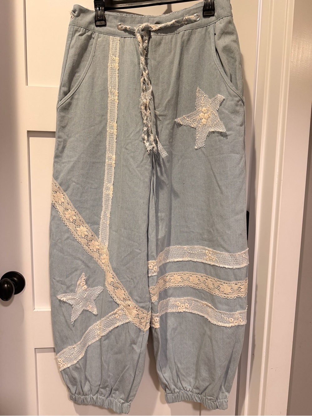 POL Light Blue Drawstring Jogger Pants with Cream Lace Stars